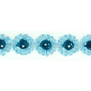 Tüll - Band Blume mit Perle hellblau
