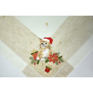 Weihnachtsmitteldecke bestickt Katze mit Weihnachtsm&uuml;tze