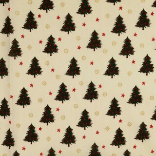 Weihnachts - Baumwollstoff Tannenbaum und goldene Blumen creme