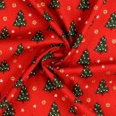 Weihnachts - Baumwollstoff Tannenbaum und goldene Blumen rot