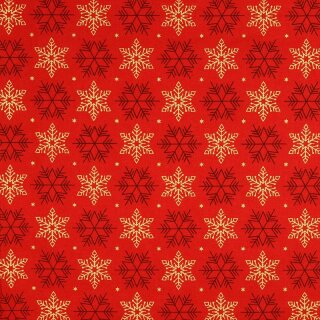 Weihnachts - Baumwollstoff goldene Schneeflocken auf rot