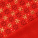 Weihnachts - Baumwollstoff goldene Schneeflocken auf rot